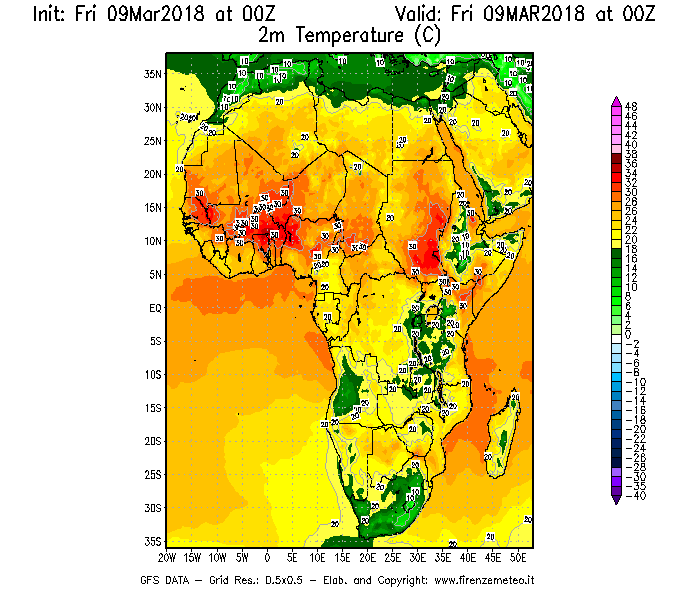 Mappa di analisi GFS - Temperatura a 2 metri dal suolo [°C] in Africa
									del 09/03/2018 00 <!--googleoff: index-->UTC<!--googleon: index-->