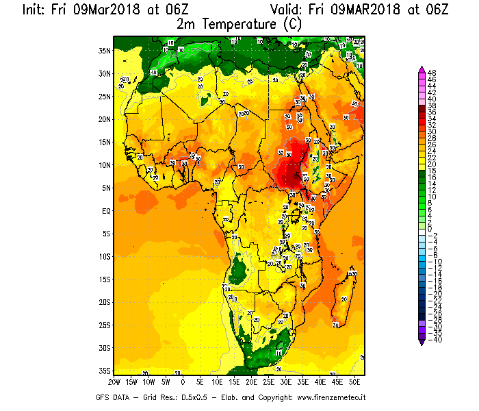 Mappa di analisi GFS - Temperatura a 2 metri dal suolo [°C] in Africa
									del 09/03/2018 06 <!--googleoff: index-->UTC<!--googleon: index-->