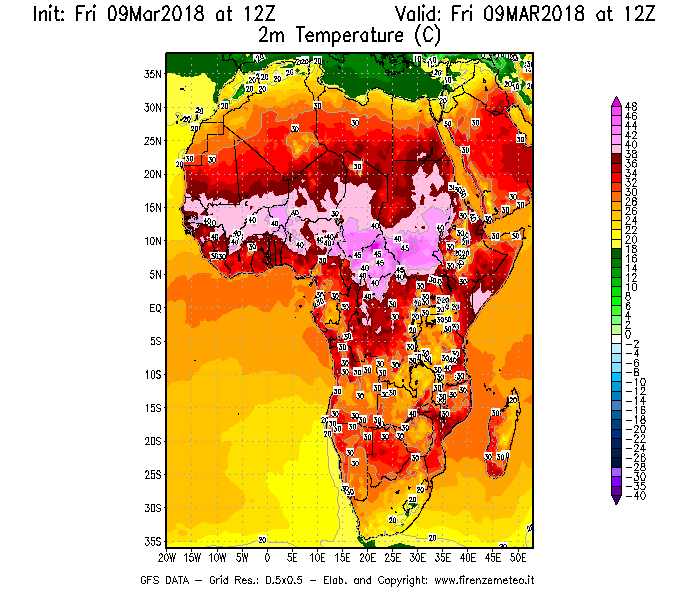 Mappa di analisi GFS - Temperatura a 2 metri dal suolo [°C] in Africa
							del 09/03/2018 12 <!--googleoff: index-->UTC<!--googleon: index-->