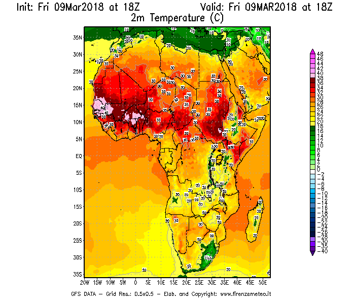 Mappa di analisi GFS - Temperatura a 2 metri dal suolo [°C] in Africa
							del 09/03/2018 18 <!--googleoff: index-->UTC<!--googleon: index-->