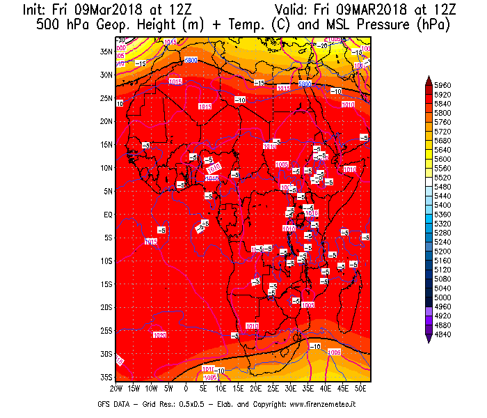 Mappa di analisi GFS - Geopotenziale [m] + Temp. [°C] a 500 hPa + Press. a livello del mare [hPa] in Africa
							del 09/03/2018 12 <!--googleoff: index-->UTC<!--googleon: index-->