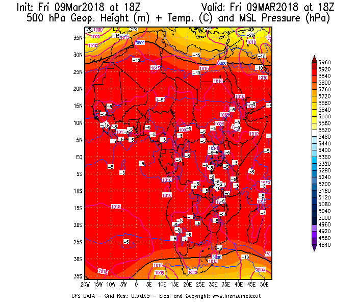 Mappa di analisi GFS - Geopotenziale [m] + Temp. [°C] a 500 hPa + Press. a livello del mare [hPa] in Africa
									del 09/03/2018 18 <!--googleoff: index-->UTC<!--googleon: index-->