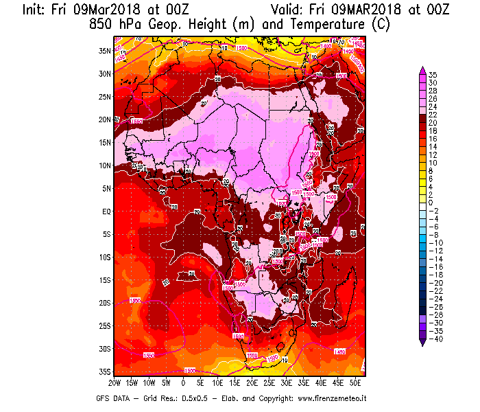 Mappa di analisi GFS - Geopotenziale [m] e Temperatura [°C] a 850 hPa in Africa
							del 09/03/2018 00 <!--googleoff: index-->UTC<!--googleon: index-->