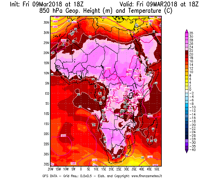 Mappa di analisi GFS - Geopotenziale [m] e Temperatura [°C] a 850 hPa in Africa
									del 09/03/2018 18 <!--googleoff: index-->UTC<!--googleon: index-->