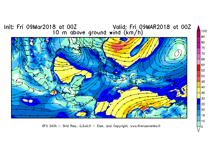 Mappa di analisi GFS - Velocità del vento a 10 metri dal suolo [km/h] in Centro-America
							del 09/03/2018 00 <!--googleoff: index-->UTC<!--googleon: index-->