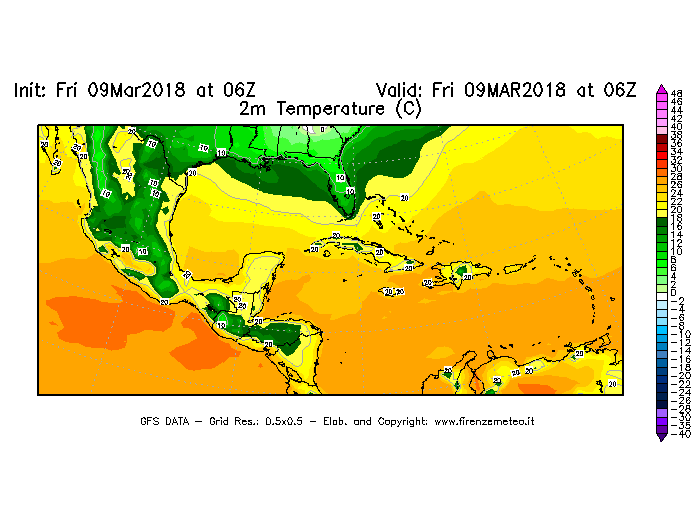 Mappa di analisi GFS - Temperatura a 2 metri dal suolo [°C] in Centro-America
									del 09/03/2018 06 <!--googleoff: index-->UTC<!--googleon: index-->
