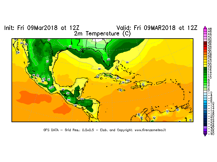 Mappa di analisi GFS - Temperatura a 2 metri dal suolo [°C] in Centro-America
							del 09/03/2018 12 <!--googleoff: index-->UTC<!--googleon: index-->