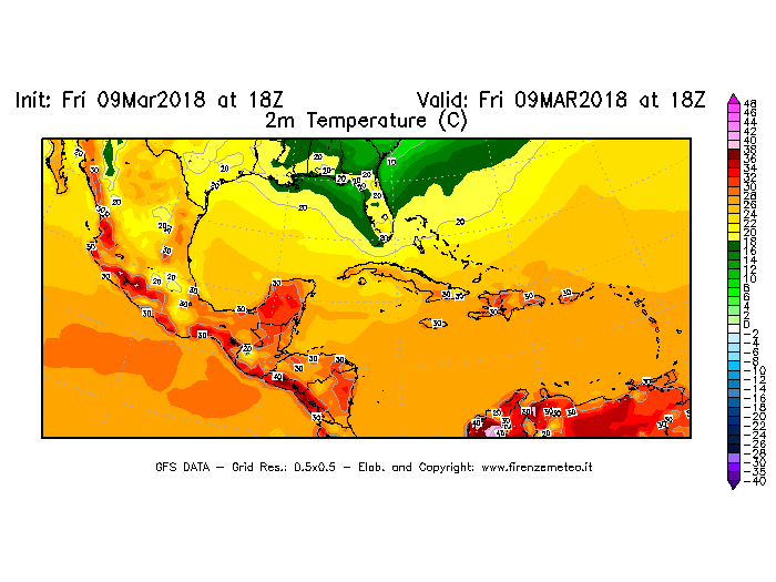 Mappa di analisi GFS - Temperatura a 2 metri dal suolo [°C] in Centro-America
									del 09/03/2018 18 <!--googleoff: index-->UTC<!--googleon: index-->