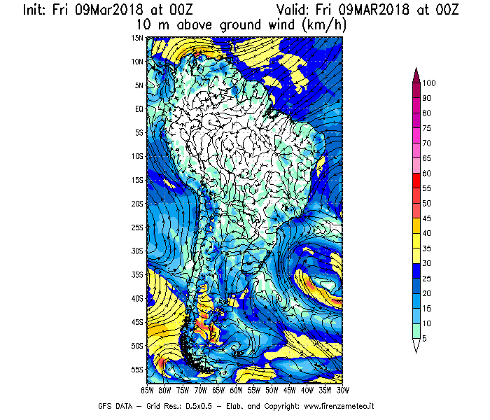Mappa di analisi GFS - Velocità del vento a 10 metri dal suolo [km/h] in Sud-America
							del 09/03/2018 00 <!--googleoff: index-->UTC<!--googleon: index-->