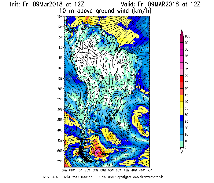 Mappa di analisi GFS - Velocità del vento a 10 metri dal suolo [km/h] in Sud-America
							del 09/03/2018 12 <!--googleoff: index-->UTC<!--googleon: index-->