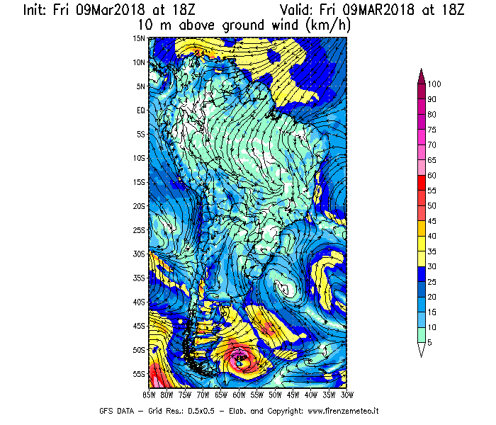 Mappa di analisi GFS - Velocità del vento a 10 metri dal suolo [km/h] in Sud-America
							del 09/03/2018 18 <!--googleoff: index-->UTC<!--googleon: index-->