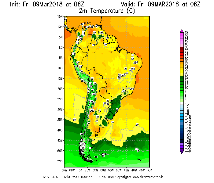 Mappa di analisi GFS - Temperatura a 2 metri dal suolo [°C] in Sud-America
							del 09/03/2018 06 <!--googleoff: index-->UTC<!--googleon: index-->