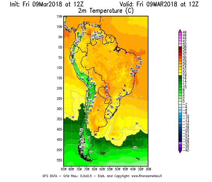 Mappa di analisi GFS - Temperatura a 2 metri dal suolo [°C] in Sud-America
									del 09/03/2018 12 <!--googleoff: index-->UTC<!--googleon: index-->
