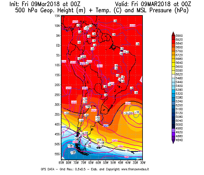 Mappa di analisi GFS - Geopotenziale [m] + Temp. [°C] a 500 hPa + Press. a livello del mare [hPa] in Sud-America
							del 09/03/2018 00 <!--googleoff: index-->UTC<!--googleon: index-->