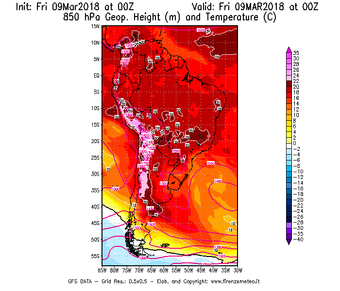 Mappa di analisi GFS - Geopotenziale [m] e Temperatura [°C] a 850 hPa in Sud-America
							del 09/03/2018 00 <!--googleoff: index-->UTC<!--googleon: index-->