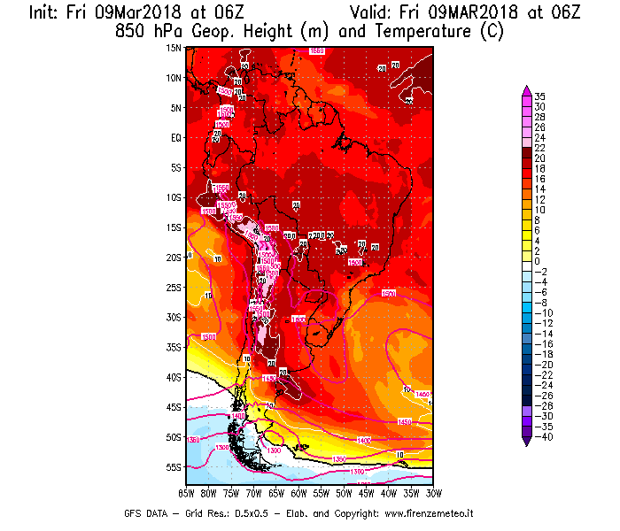 Mappa di analisi GFS - Geopotenziale [m] e Temperatura [°C] a 850 hPa in Sud-America
							del 09/03/2018 06 <!--googleoff: index-->UTC<!--googleon: index-->