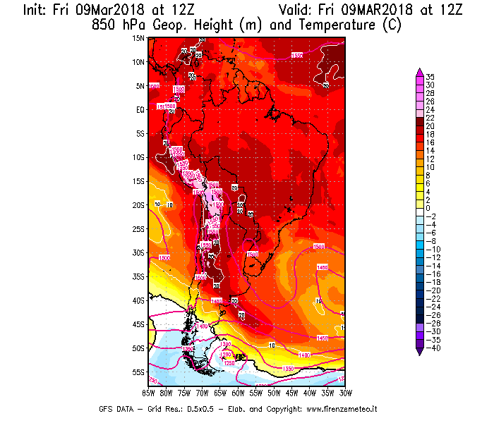 Mappa di analisi GFS - Geopotenziale [m] e Temperatura [°C] a 850 hPa in Sud-America
									del 09/03/2018 12 <!--googleoff: index-->UTC<!--googleon: index-->