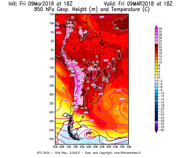 Mappa di analisi GFS - Geopotenziale [m] e Temperatura [°C] a 850 hPa in Sud-America
							del 09/03/2018 18 <!--googleoff: index-->UTC<!--googleon: index-->
