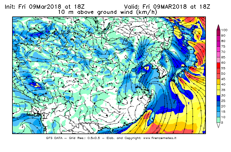 Mappa di analisi GFS - Velocità del vento a 10 metri dal suolo [km/h] in Asia Orientale
							del 09/03/2018 18 <!--googleoff: index-->UTC<!--googleon: index-->