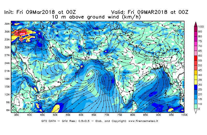 Mappa di analisi GFS - Velocità del vento a 10 metri dal suolo [km/h] in Asia Sud-Occidentale
							del 09/03/2018 00 <!--googleoff: index-->UTC<!--googleon: index-->