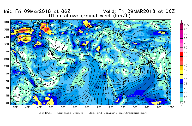 Mappa di analisi GFS - Velocità del vento a 10 metri dal suolo [km/h] in Asia Sud-Occidentale
									del 09/03/2018 06 <!--googleoff: index-->UTC<!--googleon: index-->
