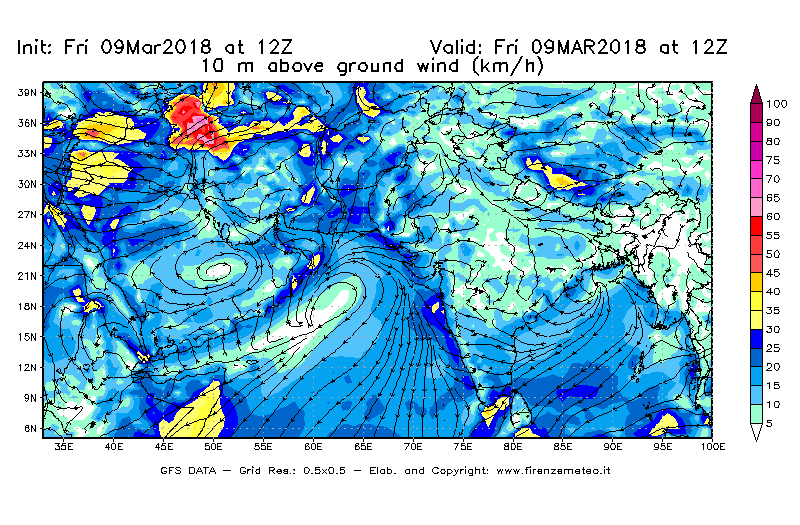 Mappa di analisi GFS - Velocità del vento a 10 metri dal suolo [km/h] in Asia Sud-Occidentale
									del 09/03/2018 12 <!--googleoff: index-->UTC<!--googleon: index-->