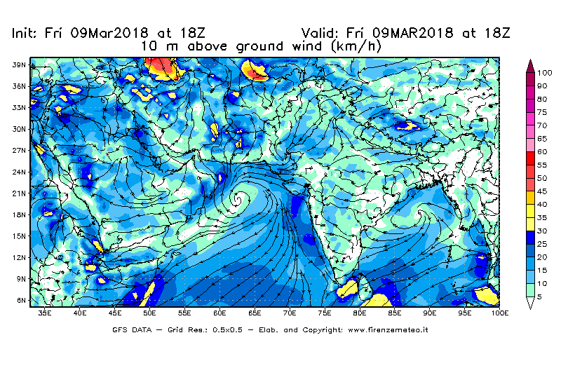 Mappa di analisi GFS - Velocità del vento a 10 metri dal suolo [km/h] in Asia Sud-Occidentale
									del 09/03/2018 18 <!--googleoff: index-->UTC<!--googleon: index-->