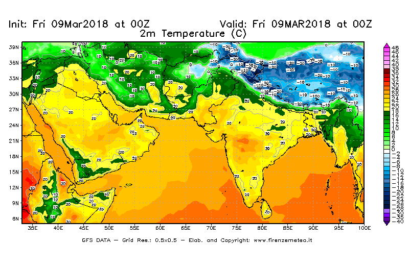 Mappa di analisi GFS - Temperatura a 2 metri dal suolo [°C] in Asia Sud-Occidentale
									del 09/03/2018 00 <!--googleoff: index-->UTC<!--googleon: index-->