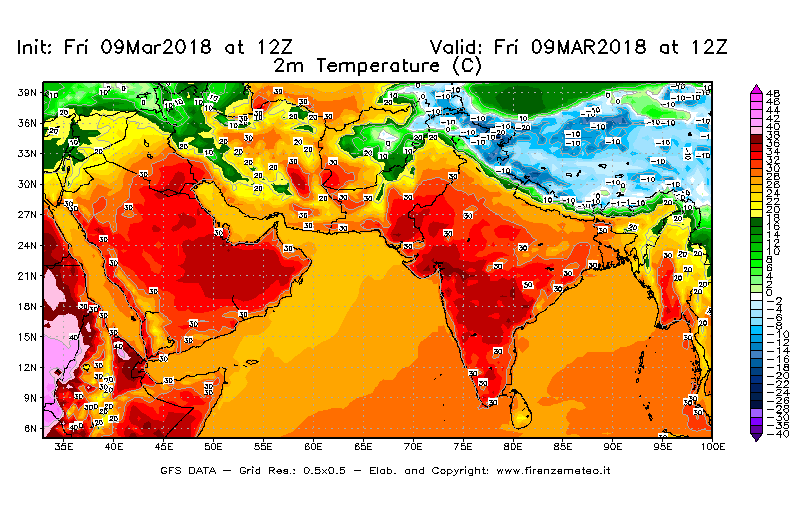 Mappa di analisi GFS - Temperatura a 2 metri dal suolo [°C] in Asia Sud-Occidentale
							del 09/03/2018 12 <!--googleoff: index-->UTC<!--googleon: index-->