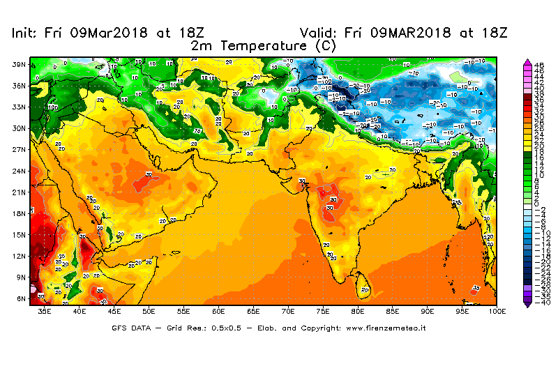 Mappa di analisi GFS - Temperatura a 2 metri dal suolo [°C] in Asia Sud-Occidentale
									del 09/03/2018 18 <!--googleoff: index-->UTC<!--googleon: index-->
