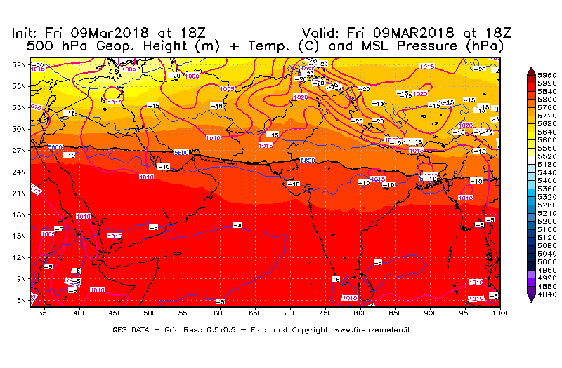 Mappa di analisi GFS - Geopotenziale [m] + Temp. [°C] a 500 hPa + Press. a livello del mare [hPa] in Asia Sud-Occidentale
									del 09/03/2018 18 <!--googleoff: index-->UTC<!--googleon: index-->