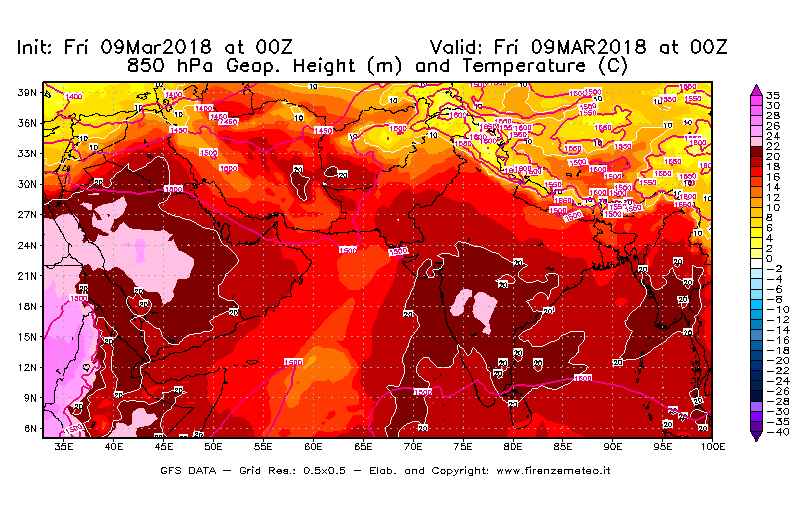 Mappa di analisi GFS - Geopotenziale [m] e Temperatura [°C] a 850 hPa in Asia Sud-Occidentale
									del 09/03/2018 00 <!--googleoff: index-->UTC<!--googleon: index-->