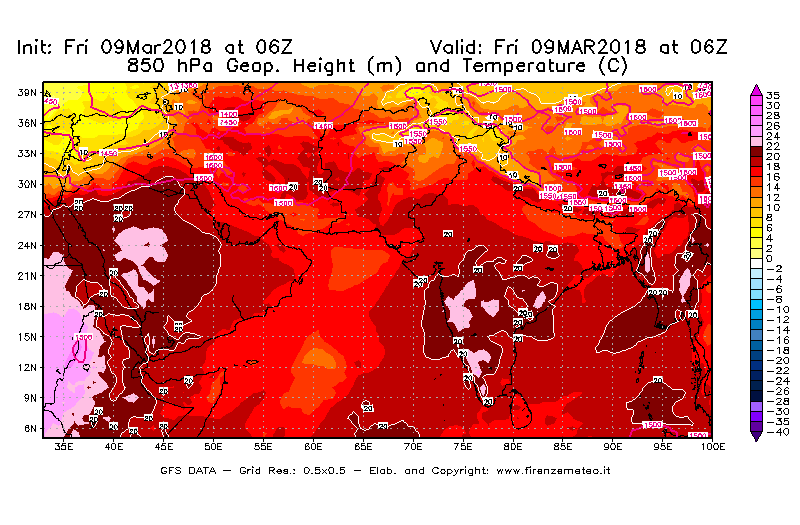 Mappa di analisi GFS - Geopotenziale [m] e Temperatura [°C] a 850 hPa in Asia Sud-Occidentale
							del 09/03/2018 06 <!--googleoff: index-->UTC<!--googleon: index-->