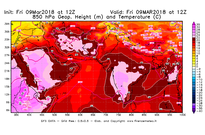 Mappa di analisi GFS - Geopotenziale [m] e Temperatura [°C] a 850 hPa in Asia Sud-Occidentale
									del 09/03/2018 12 <!--googleoff: index-->UTC<!--googleon: index-->