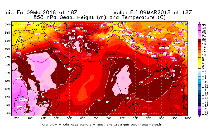 Mappa di analisi GFS - Geopotenziale [m] e Temperatura [°C] a 850 hPa in Asia Sud-Occidentale
									del 09/03/2018 18 <!--googleoff: index-->UTC<!--googleon: index-->