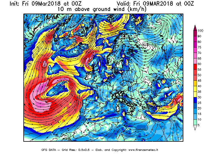 Mappa di analisi GFS - Velocità del vento a 10 metri dal suolo [km/h] in Europa
							del 09/03/2018 00 <!--googleoff: index-->UTC<!--googleon: index-->