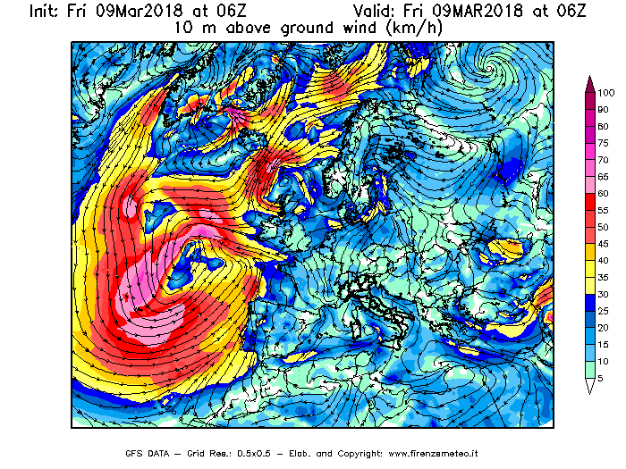 Mappa di analisi GFS - Velocità del vento a 10 metri dal suolo [km/h] in Europa
									del 09/03/2018 06 <!--googleoff: index-->UTC<!--googleon: index-->