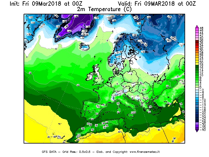 Mappa di analisi GFS - Temperatura a 2 metri dal suolo [°C] in Europa
							del 09/03/2018 00 <!--googleoff: index-->UTC<!--googleon: index-->