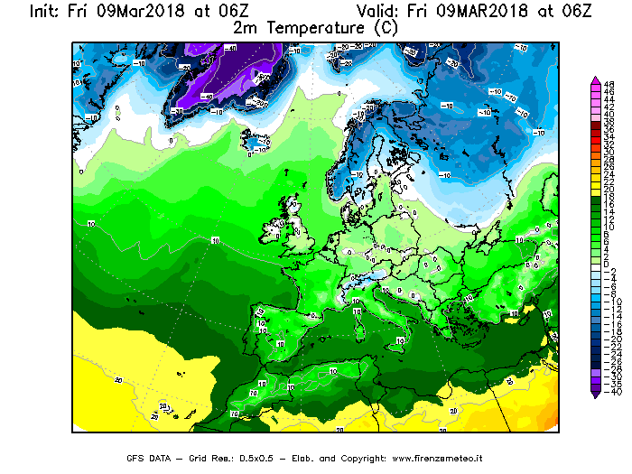 Mappa di analisi GFS - Temperatura a 2 metri dal suolo [°C] in Europa
							del 09/03/2018 06 <!--googleoff: index-->UTC<!--googleon: index-->