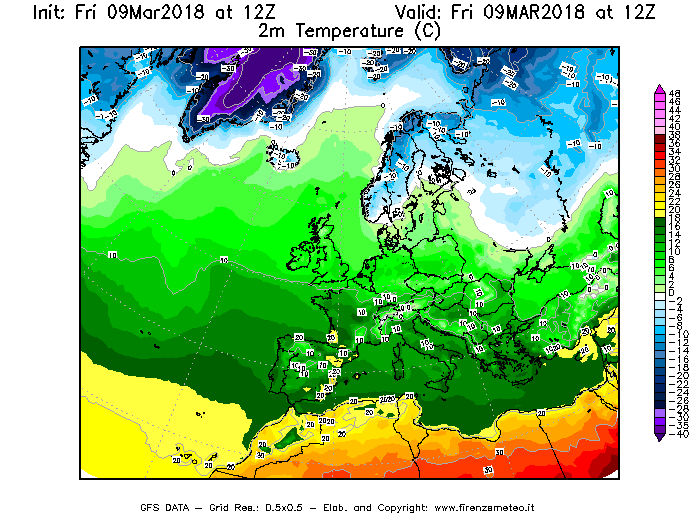 Mappa di analisi GFS - Temperatura a 2 metri dal suolo [°C] in Europa
									del 09/03/2018 12 <!--googleoff: index-->UTC<!--googleon: index-->