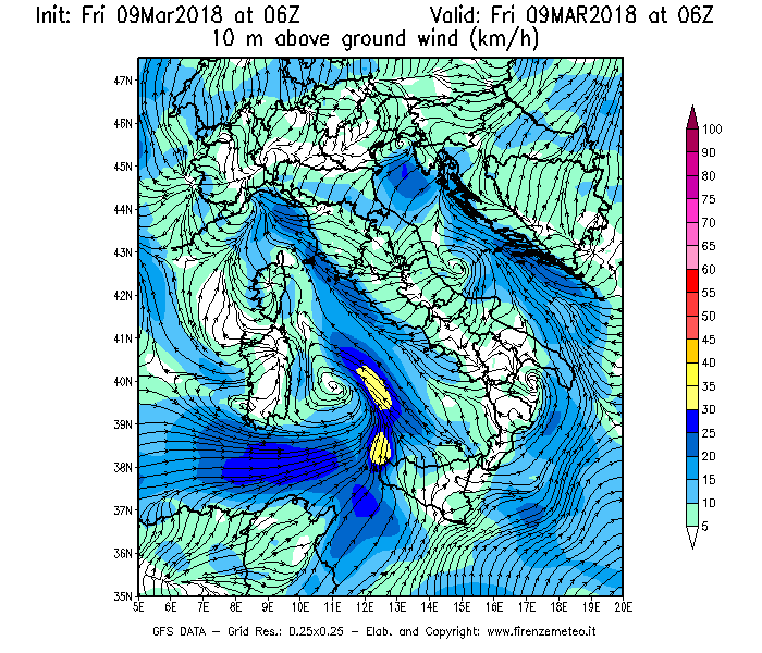Mappa di analisi GFS - Velocità del vento a 10 metri dal suolo [km/h] in Italia
									del 09/03/2018 06 <!--googleoff: index-->UTC<!--googleon: index-->