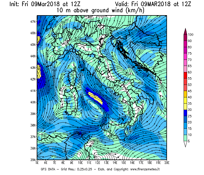 Mappa di analisi GFS - Velocità del vento a 10 metri dal suolo [km/h] in Italia
									del 09/03/2018 12 <!--googleoff: index-->UTC<!--googleon: index-->