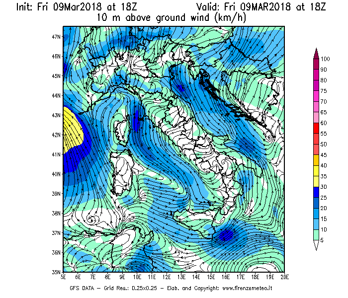 Mappa di analisi GFS - Velocità del vento a 10 metri dal suolo [km/h] in Italia
									del 09/03/2018 18 <!--googleoff: index-->UTC<!--googleon: index-->