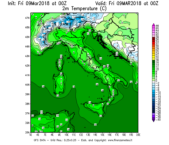 Mappa di analisi GFS - Temperatura a 2 metri dal suolo [°C] in Italia
							del 09/03/2018 00 <!--googleoff: index-->UTC<!--googleon: index-->