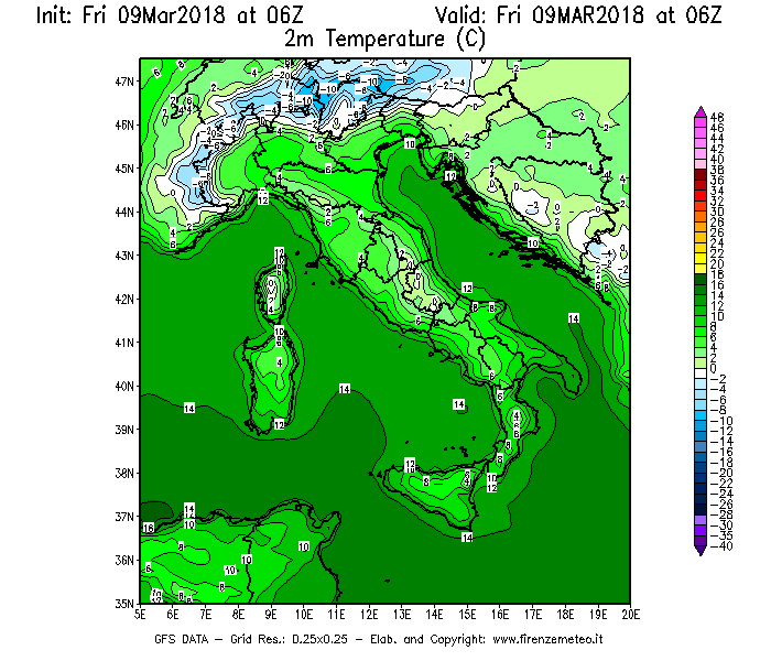 Mappa di analisi GFS - Temperatura a 2 metri dal suolo [°C] in Italia
									del 09/03/2018 06 <!--googleoff: index-->UTC<!--googleon: index-->
