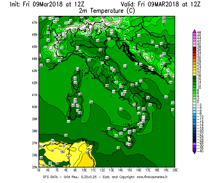 Mappa di analisi GFS - Temperatura a 2 metri dal suolo [°C] in Italia
									del 09/03/2018 12 <!--googleoff: index-->UTC<!--googleon: index-->
