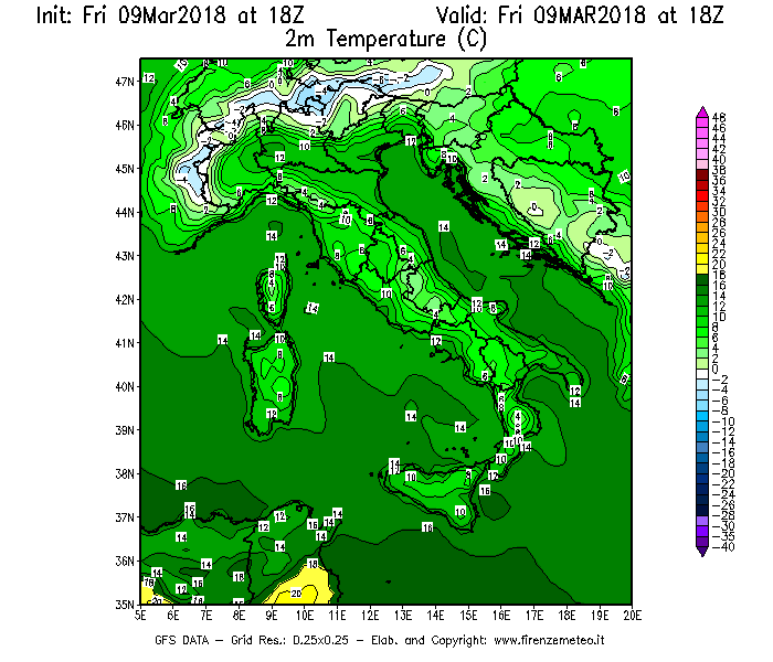 Mappa di analisi GFS - Temperatura a 2 metri dal suolo [°C] in Italia
									del 09/03/2018 18 <!--googleoff: index-->UTC<!--googleon: index-->