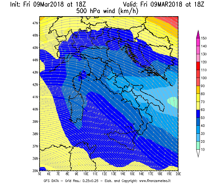 Mappa di analisi GFS - Velocità del vento a 500 hPa [km/h] in Italia
									del 09/03/2018 18 <!--googleoff: index-->UTC<!--googleon: index-->