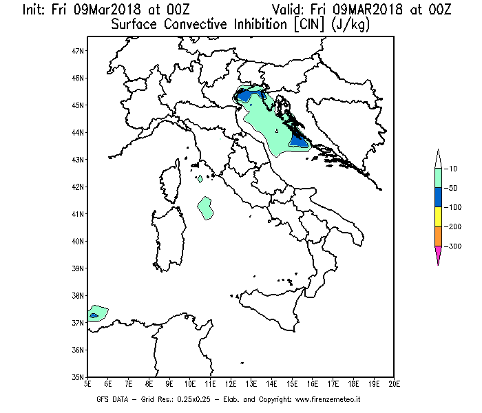Mappa di analisi GFS - CIN [J/kg] in Italia
							del 09/03/2018 00 <!--googleoff: index-->UTC<!--googleon: index-->