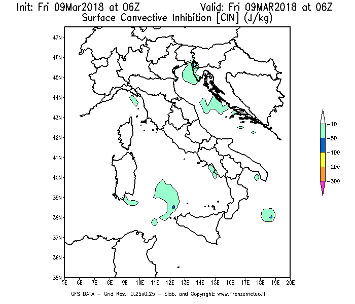 Mappa di analisi GFS - CIN [J/kg] in Italia
									del 09/03/2018 06 <!--googleoff: index-->UTC<!--googleon: index-->